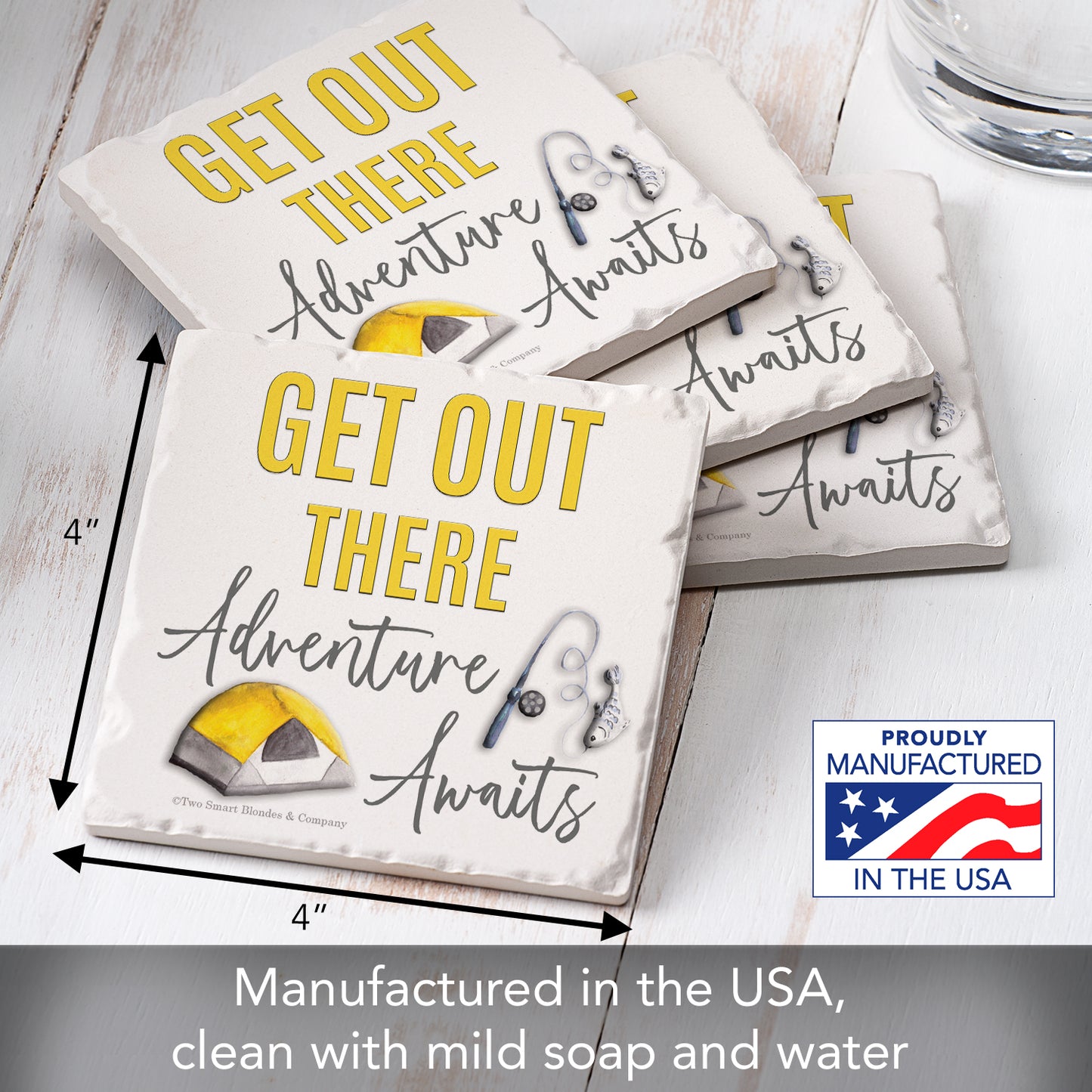 Thirstystone Get Out There 4-Pack Tumbled Tile Stone Coasters 4" Square Manufactured in the USA
