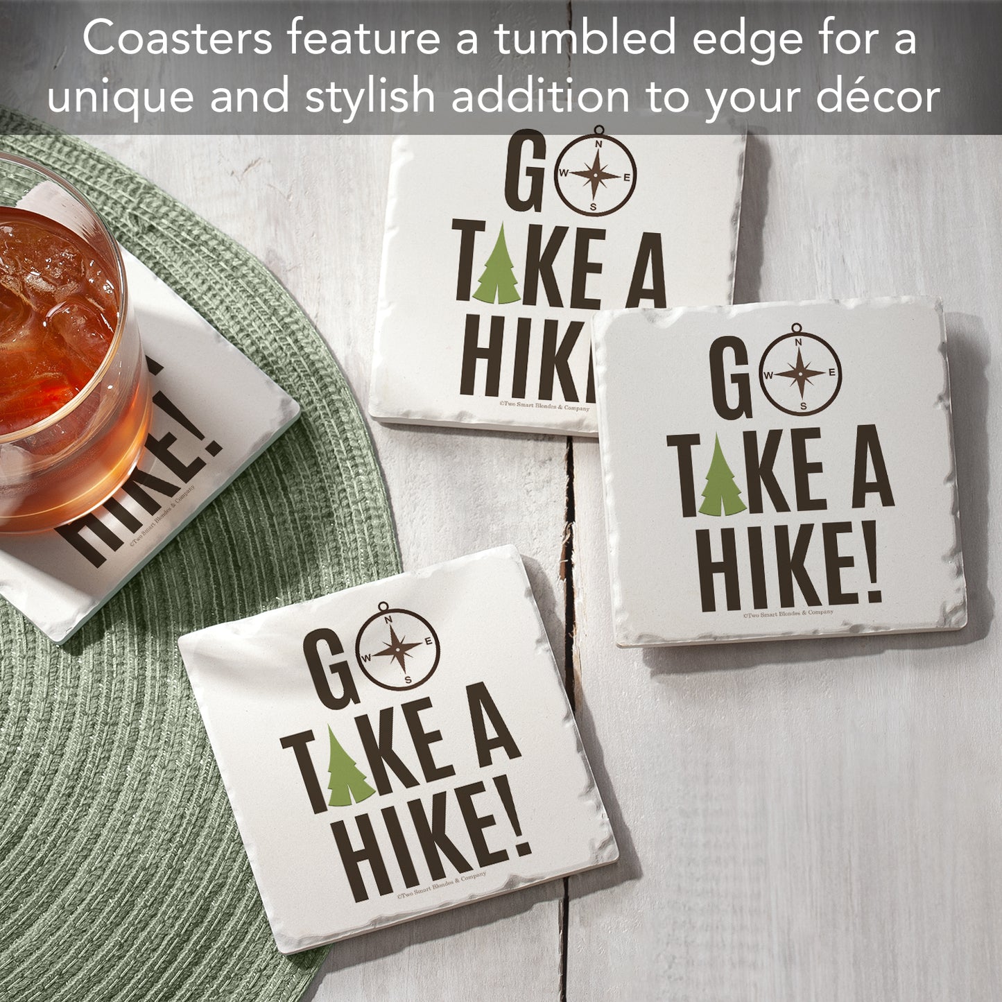 Thirstystone Go Take A Hike 4-Pack Tumbled Tile Stone Coasters 4" Square Manufactured in the USA
