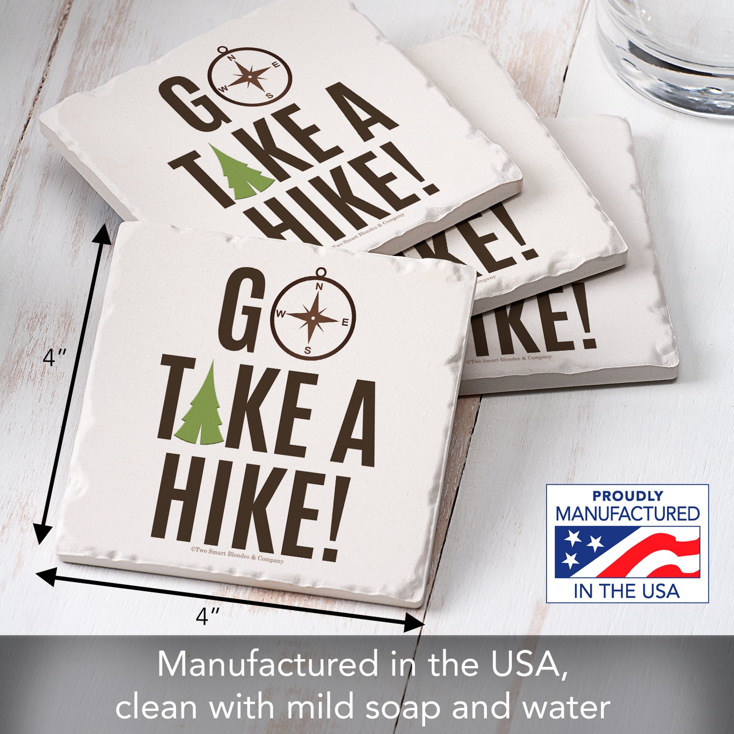Thirstystone Go Take A Hike 4-Pack Tumbled Tile Stone Coasters 4" Square Manufactured in the USA
