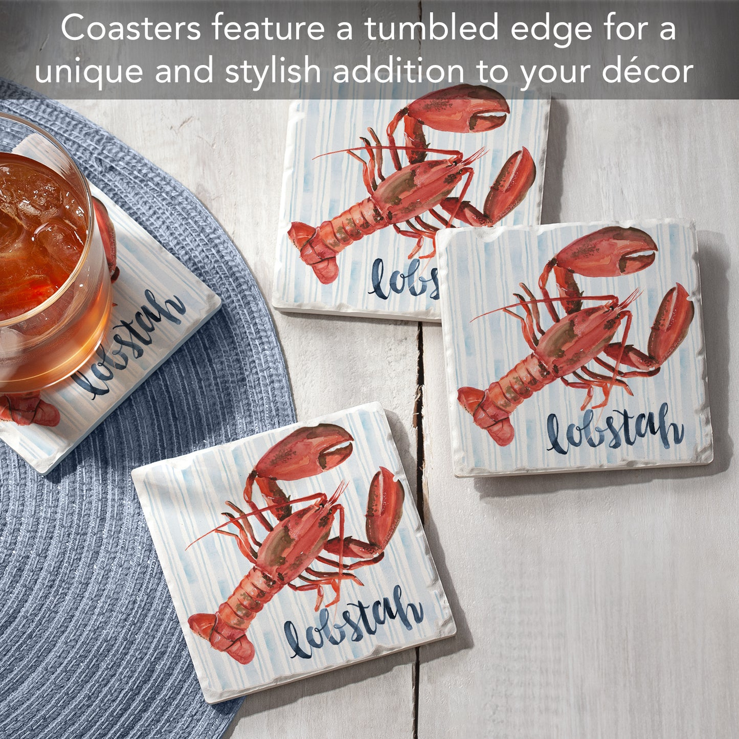 Thirstystone New England Lobstah 4 Pack Tumbled Tile Stone Coasters 4" Square Manufactured in the USA