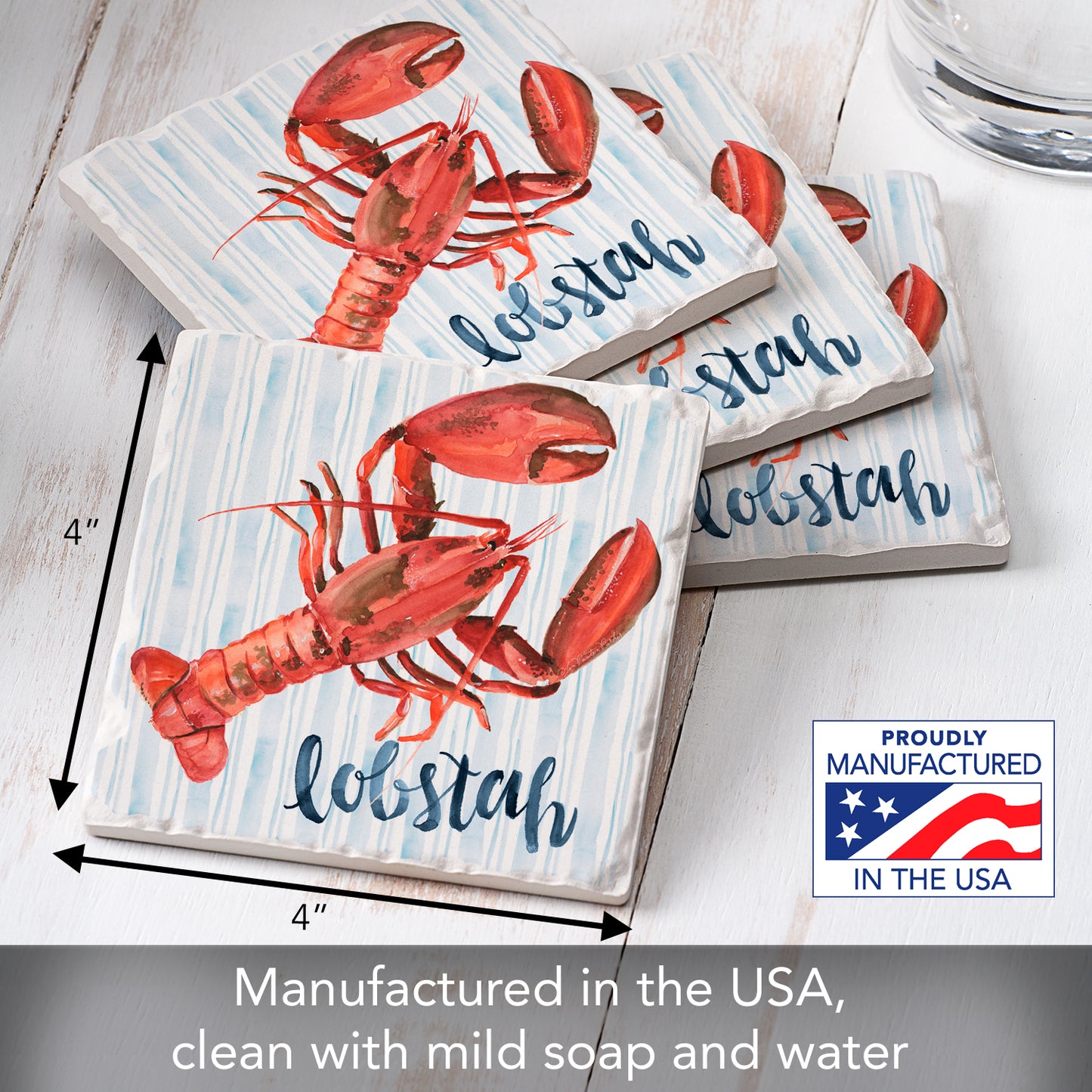 Thirstystone New England Lobstah 4 Pack Tumbled Tile Stone Coasters 4" Square Manufactured in the USA