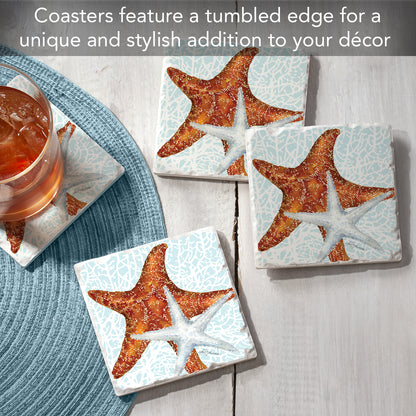 Thirstystone Seas The Day Starfish 4-Pack Tumbled Tile Stone Coasters 4" Square Manufactured in the USA