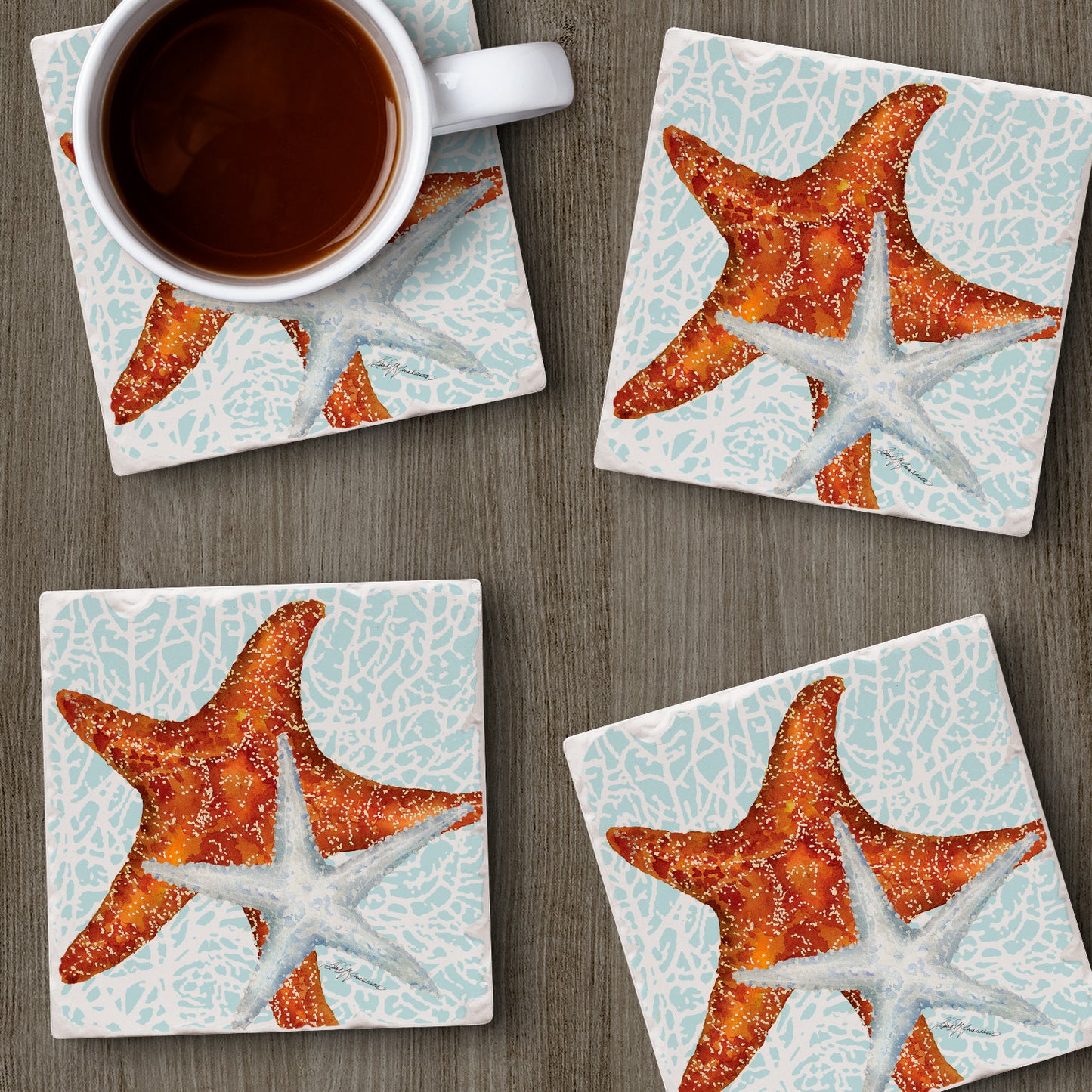 Thirstystone Seas The Day Starfish 4-Pack Tumbled Tile Stone Coasters 4" Square Manufactured in the USA