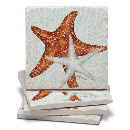 Thirstystone Seas The Day Starfish 4-Pack Tumbled Tile Stone Coasters 4" Square Manufactured in the USA