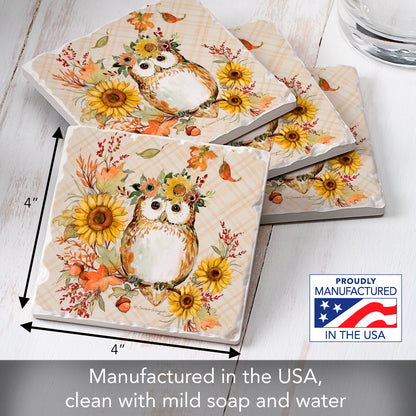 Thirstystone Friendly Owl 4 Pack Tumbled Tile Stone Coasters 4" Square Manufactured in the USA