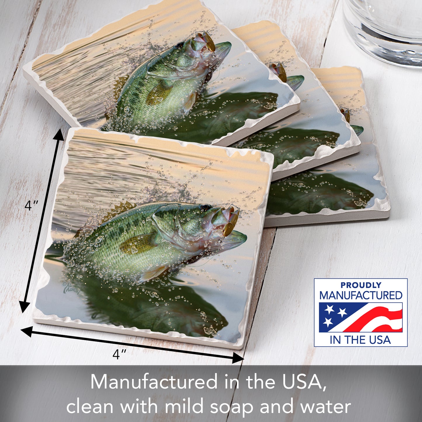 Thirstystone Bass Eruption 4-Pack Tumbled Tile Stone Coasters 4" Square Manufactured in the USA
