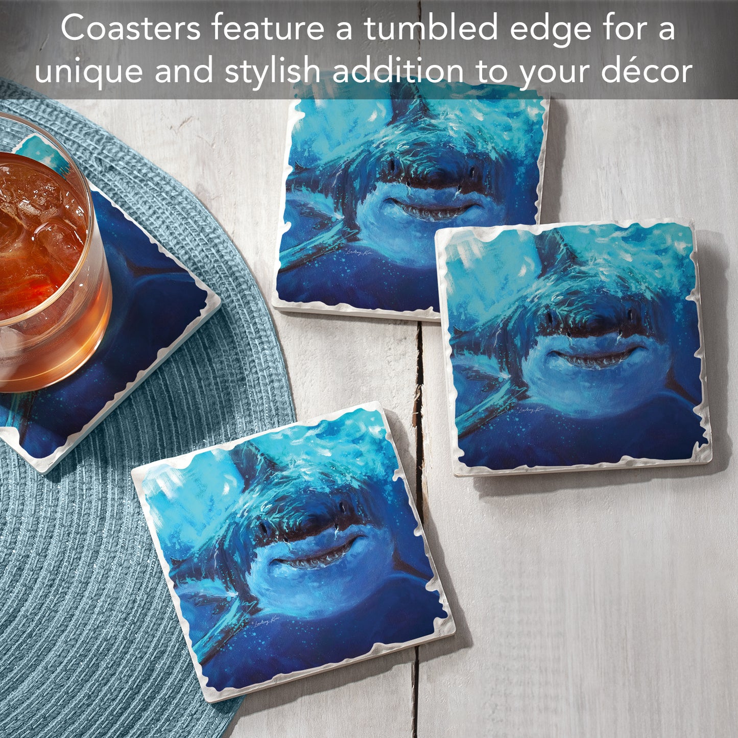 Thirstystone Deep Blue Shark 4 Pack Tumbled Tile Stone Coasters 4" Square Manufactured in the USA