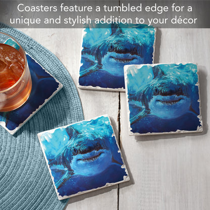Thirstystone Deep Blue Shark 4 Pack Tumbled Tile Stone Coasters 4" Square Manufactured in the USA