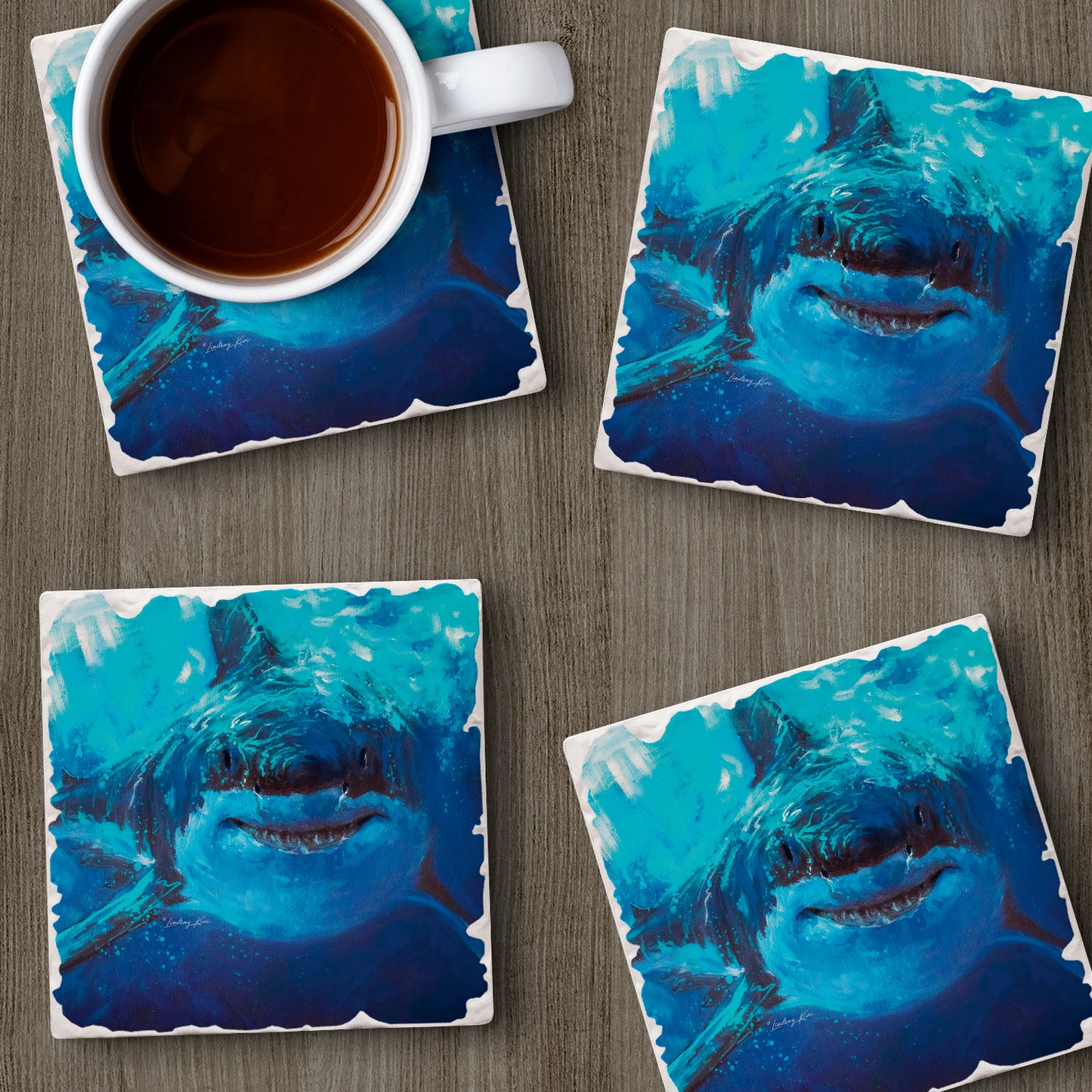 Thirstystone Deep Blue Shark 4 Pack Tumbled Tile Stone Coasters 4" Square Manufactured in the USA