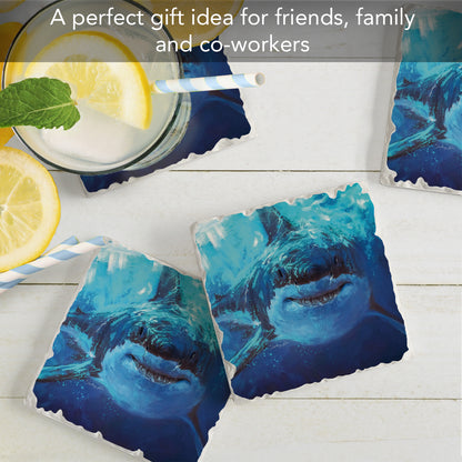 Thirstystone Deep Blue Shark 4 Pack Tumbled Tile Stone Coasters 4" Square Manufactured in the USA