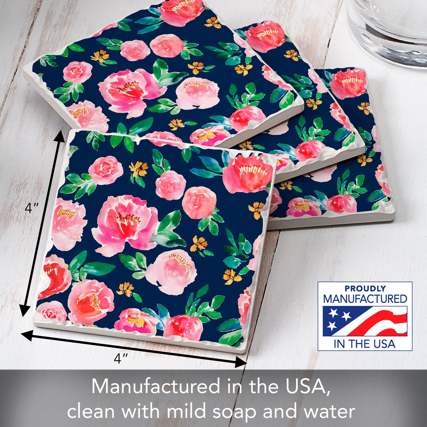 Thirstystone Spring Garden Floral 4 Pack Tumbled Tile Stone Coasters 4" Square Manufactured in the USA