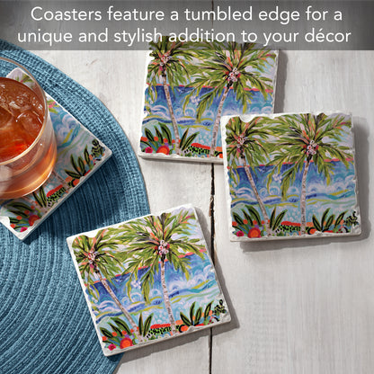 Thirstystone Tropical Vibes 4 Pack Tumbled Tile Stone Coasters 4" Square Manufactured in the USA