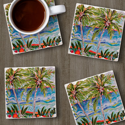 Thirstystone Tropical Vibes 4 Pack Tumbled Tile Stone Coasters 4" Square Manufactured in the USA