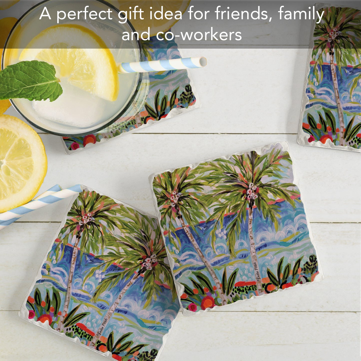 Thirstystone Tropical Vibes 4 Pack Tumbled Tile Stone Coasters 4" Square Manufactured in the USA