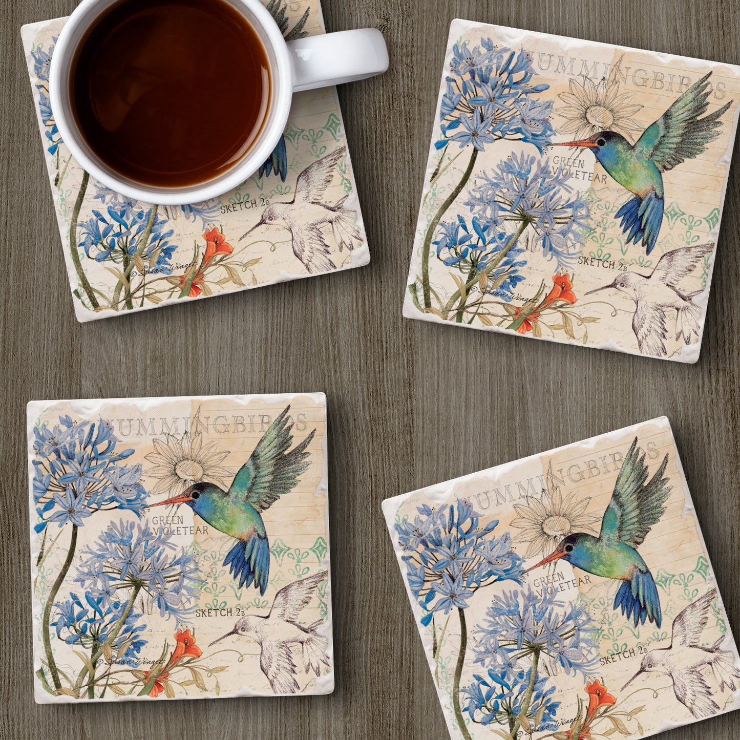 Thirstystone Hummingbird Study 4 Pack Tumbled Tile Stone Coasters 4" Square Manufactured in the USA
