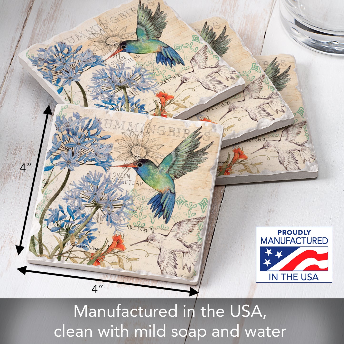 Thirstystone Hummingbird Study 4 Pack Tumbled Tile Stone Coasters 4" Square Manufactured in the USA