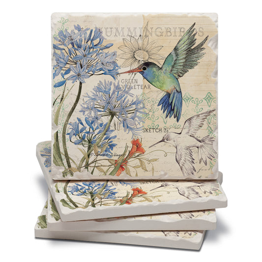 Thirstystone Hummingbird Study 4 Pack Tumbled Tile Stone Coasters 4" Square Manufactured in the USA