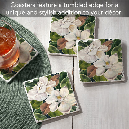 Thirstystone Magnolia Blossoms 4 Pack Tumbled Tile Stone Coasters 4" Square Manufactured in the USA