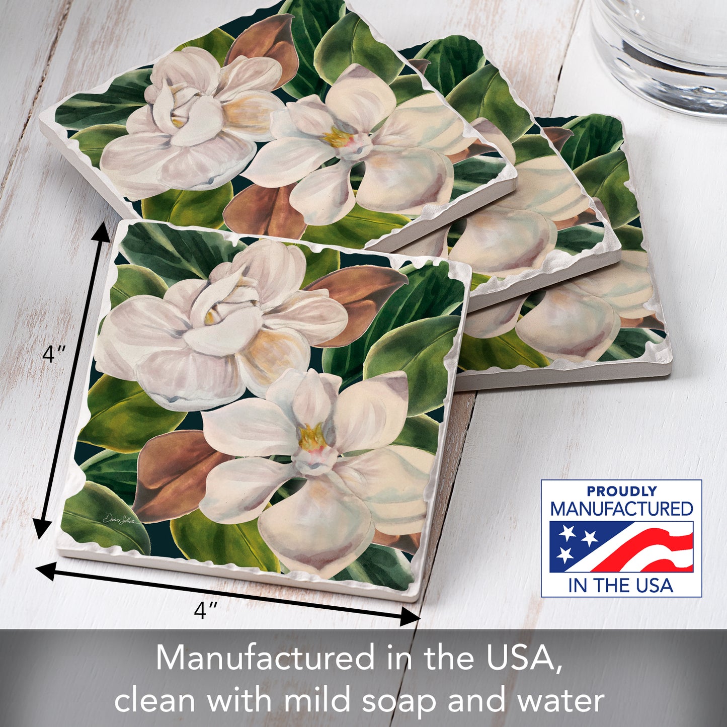 Thirstystone Magnolia Blossoms 4 Pack Tumbled Tile Stone Coasters 4" Square Manufactured in the USA