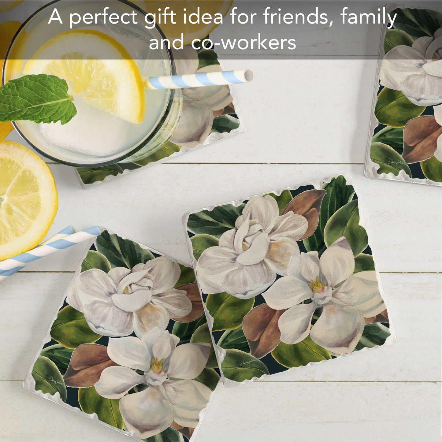 Thirstystone Magnolia Blossoms 4 Pack Tumbled Tile Stone Coasters 4" Square Manufactured in the USA