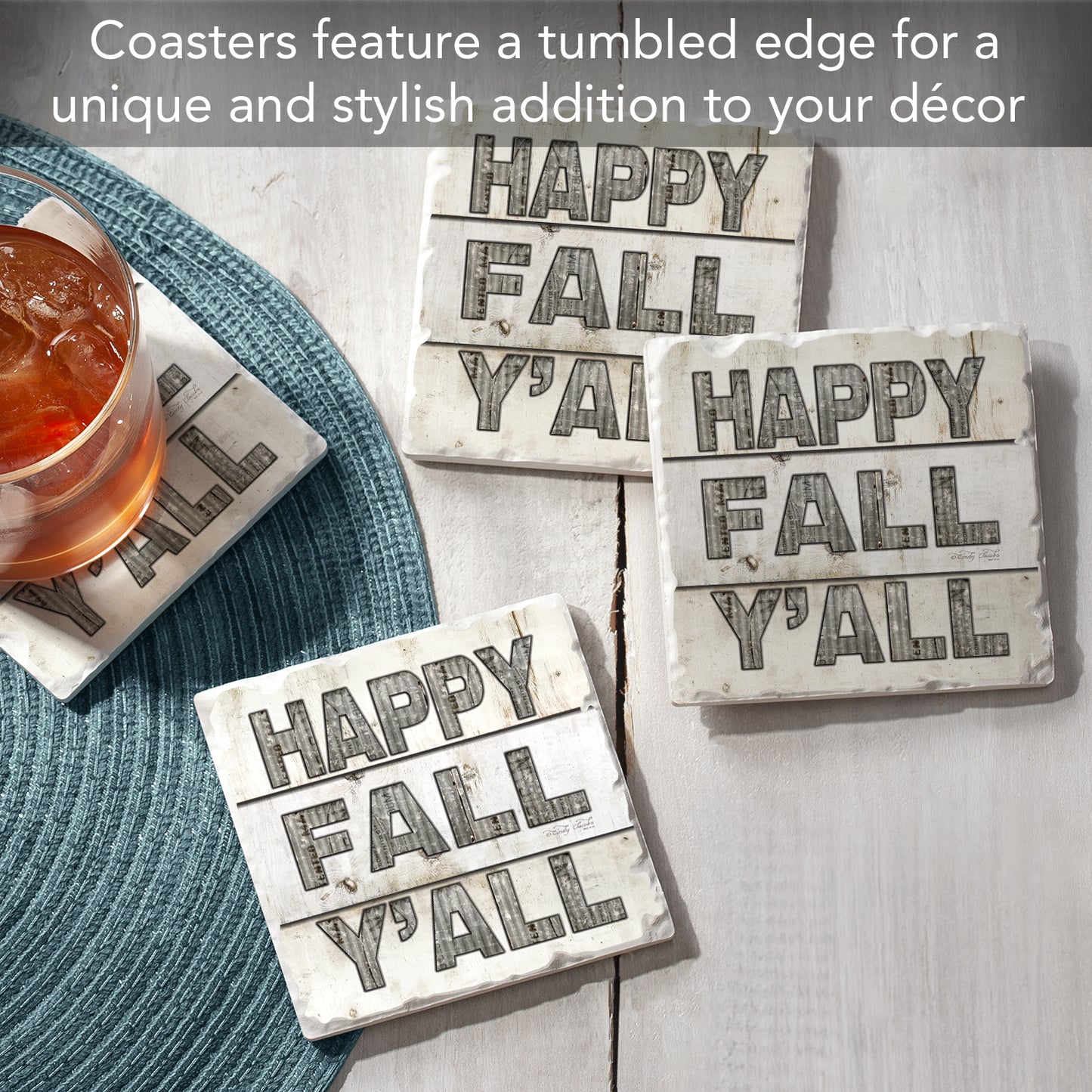 Thirstystone Happy Fall Y'all 4-Pack Tumbled Tile Stone Coasters 4" Square Manufactured in The USA