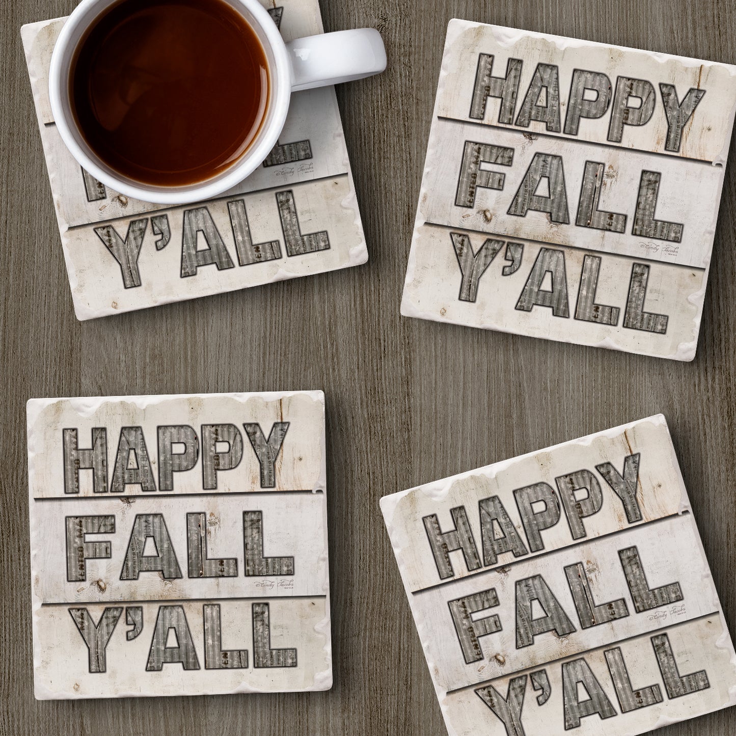 Thirstystone Happy Fall Y'all 4-Pack Tumbled Tile Stone Coasters 4" Square Manufactured in The USA