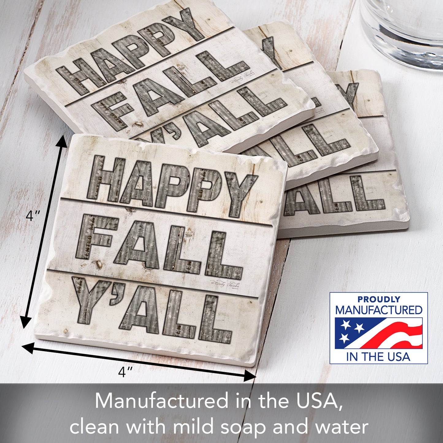 Thirstystone Happy Fall Y'all 4-Pack Tumbled Tile Stone Coasters 4" Square Manufactured in The USA
