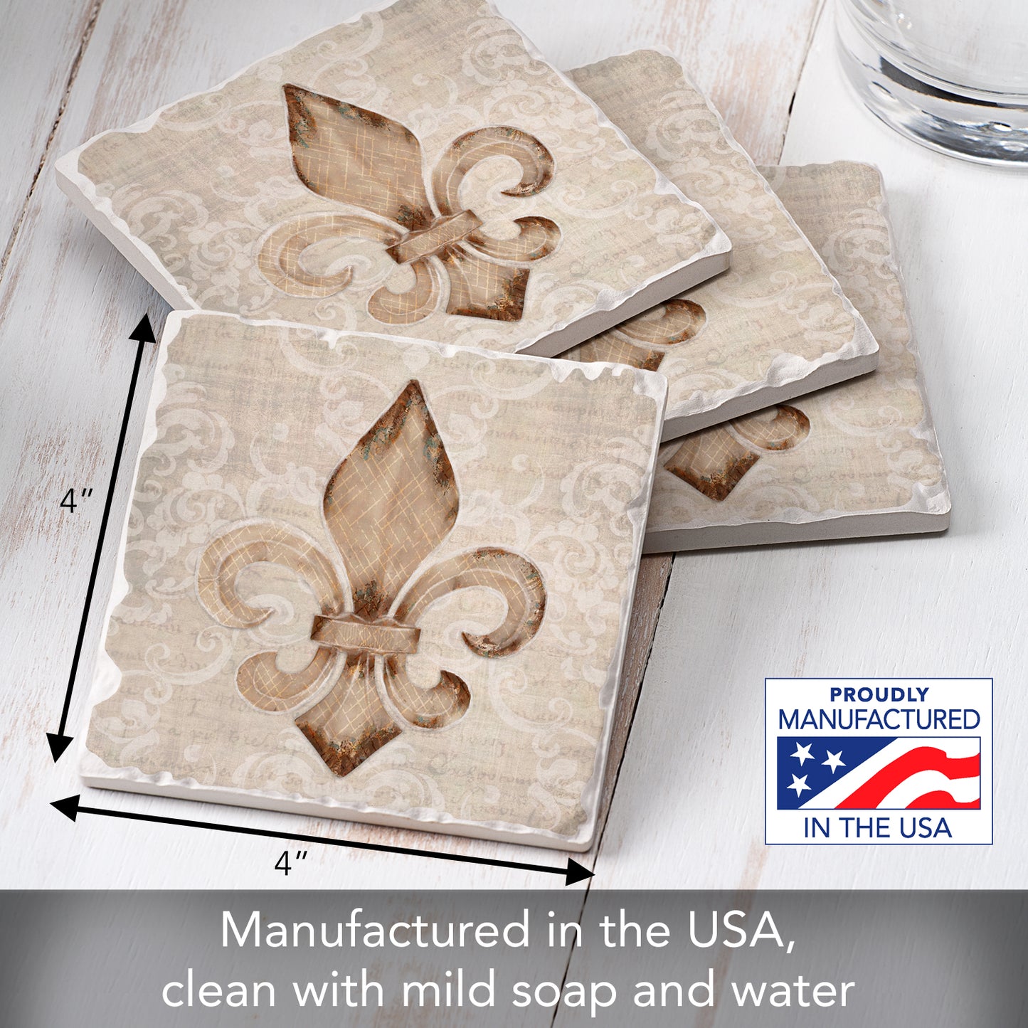 Thirstystone Deco Fleur 4 Pack Tumbled Tile Stone Coasters 4" Square Manufactured in the USA