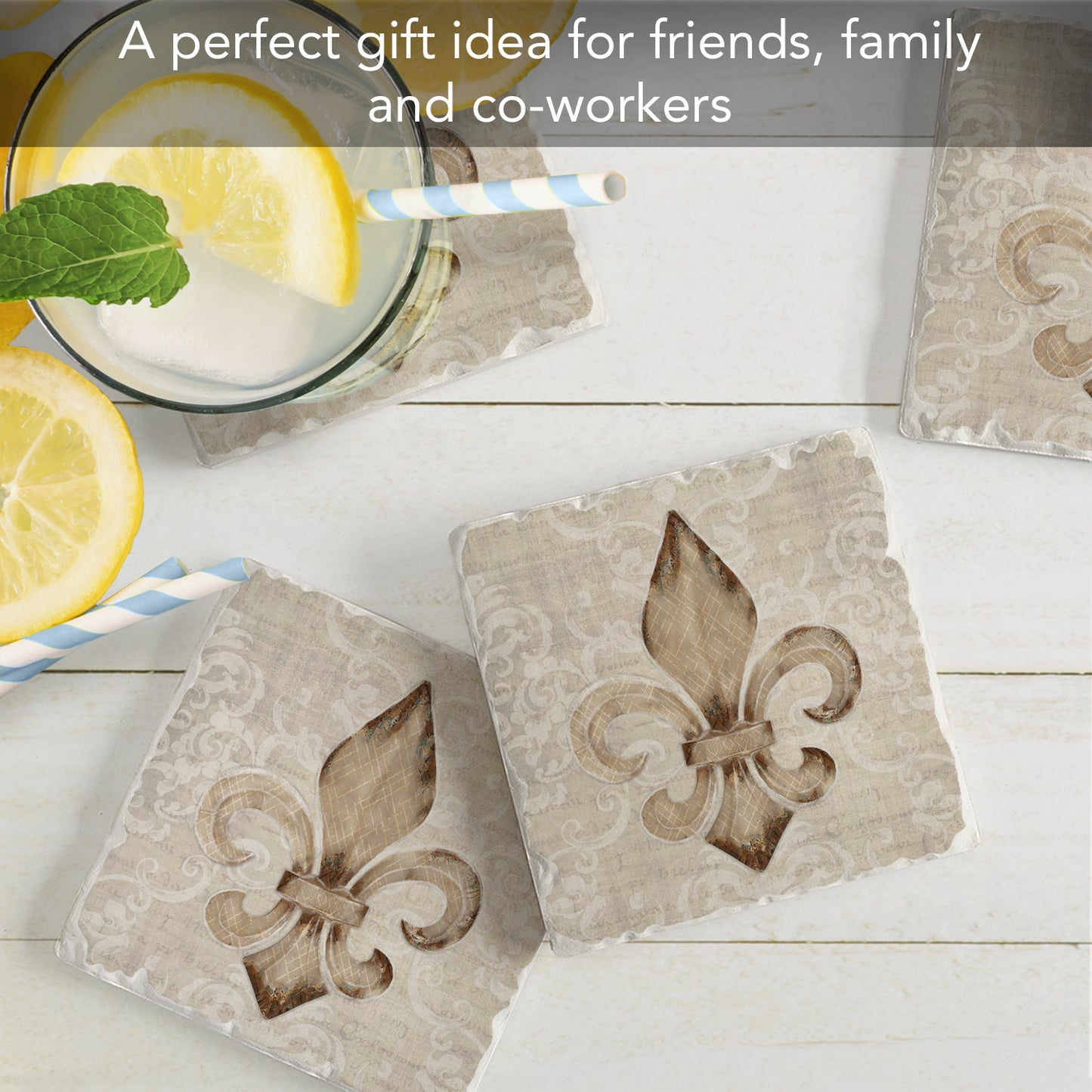 Thirstystone Deco Fleur 4 Pack Tumbled Tile Stone Coasters 4" Square Manufactured in the USA