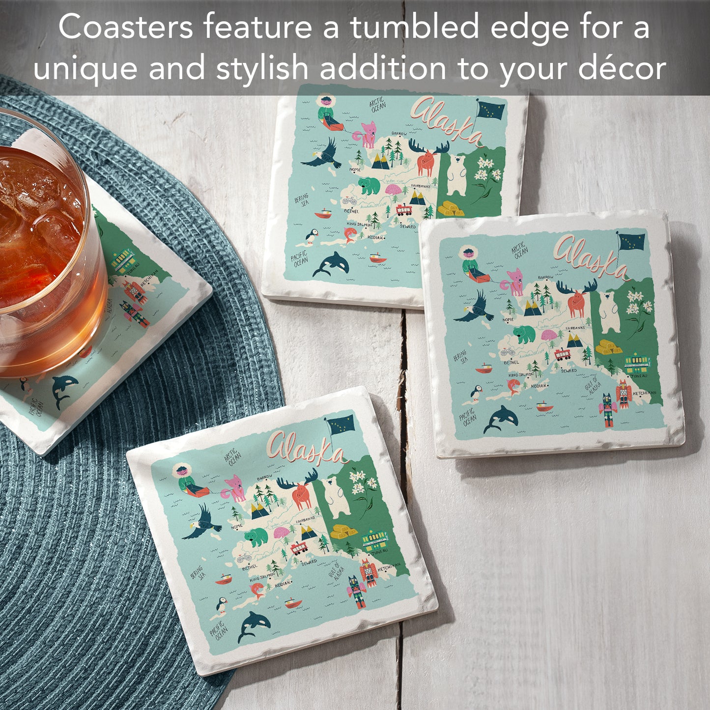 Thirstystone Home State 4 Pack Tumbled Tile Stone Coasters with Protective Cork Backing 4" Square Manufactured in The USA Artistic Absorbent Easily Wipes Clean (Alaska)