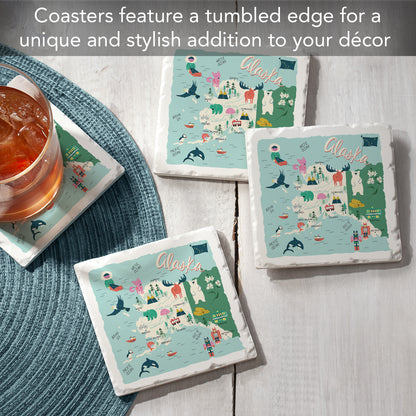 Thirstystone Home State 4 Pack Tumbled Tile Stone Coasters with Protective Cork Backing 4" Square Manufactured in The USA Artistic Absorbent Easily Wipes Clean (Alaska)