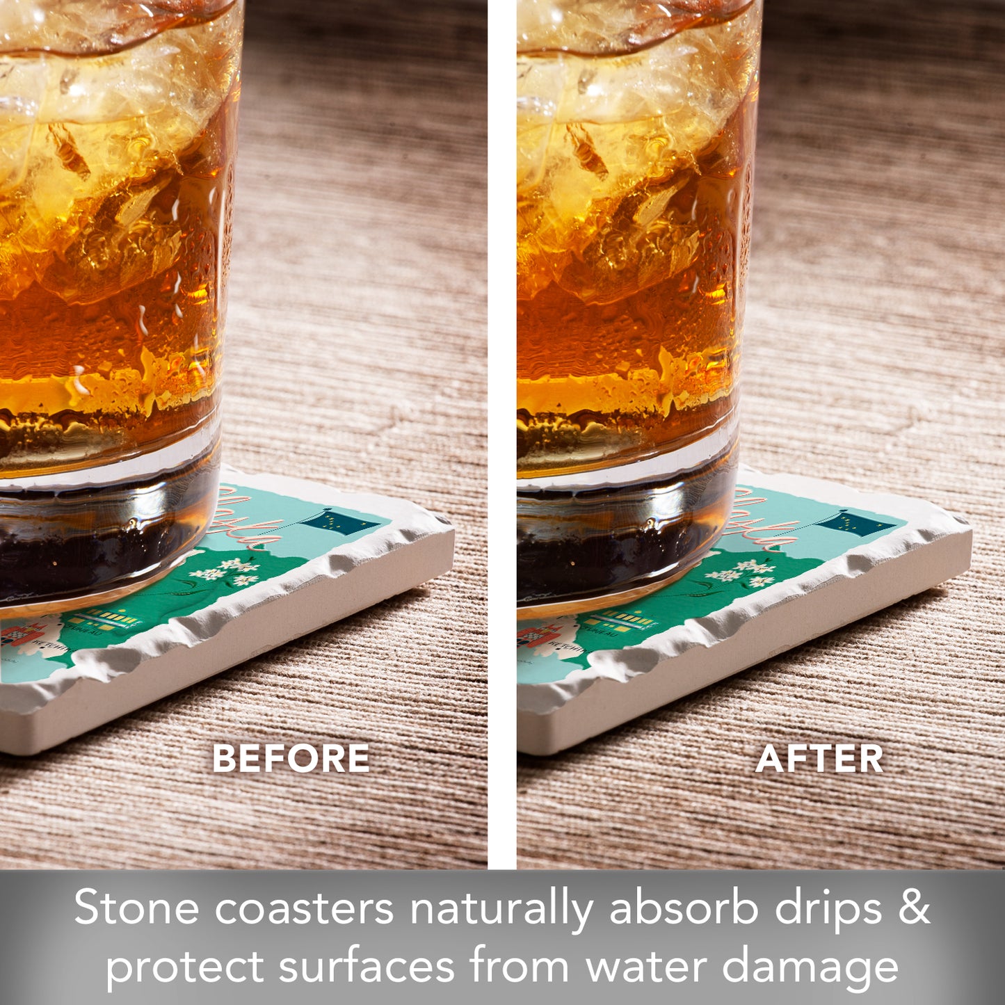 Thirstystone Home State 4 Pack Tumbled Tile Stone Coasters with Protective Cork Backing 4" Square Manufactured in The USA Artistic Absorbent Easily Wipes Clean (Alaska)