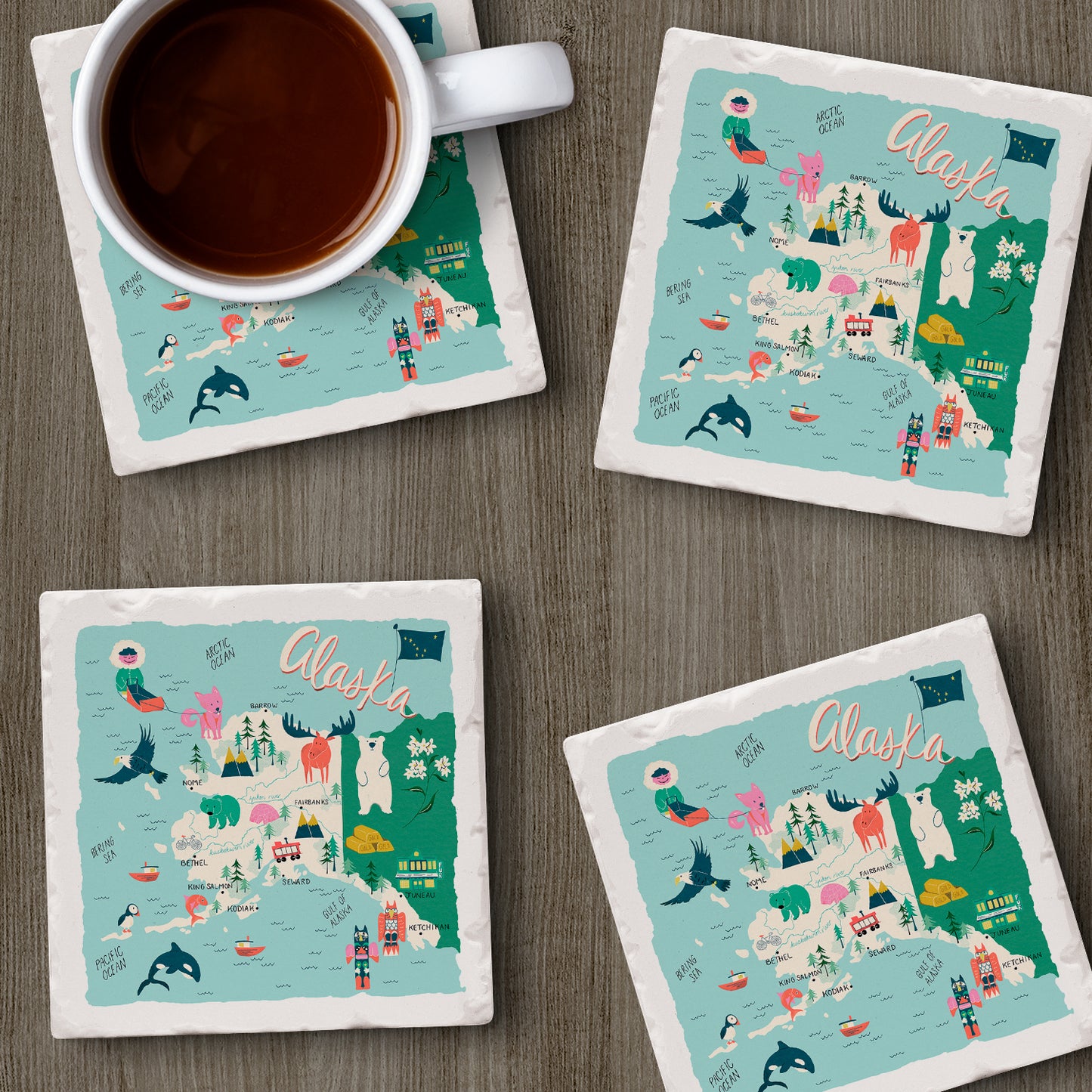 Thirstystone Home State 4 Pack Tumbled Tile Stone Coasters with Protective Cork Backing 4" Square Manufactured in The USA Artistic Absorbent Easily Wipes Clean (Alaska)