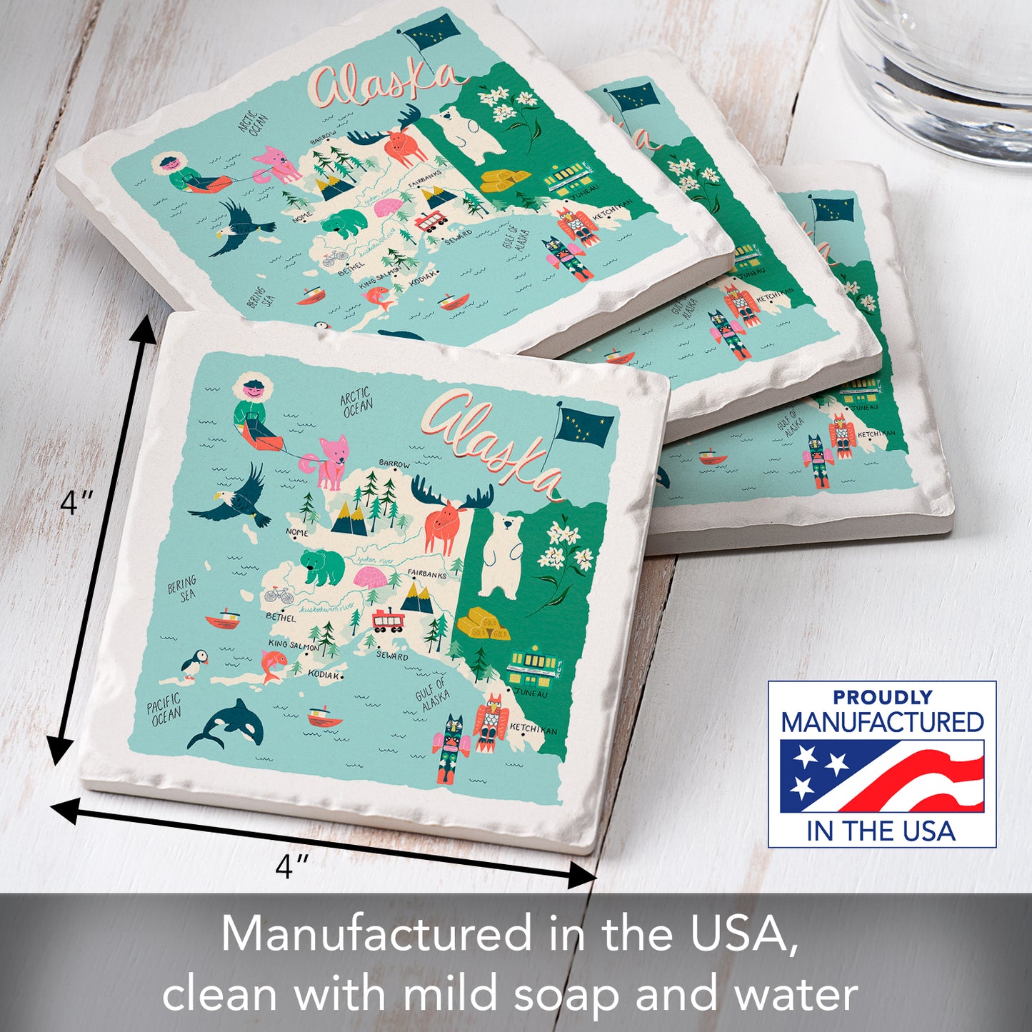 Thirstystone Home State 4 Pack Tumbled Tile Stone Coasters with Protective Cork Backing 4" Square Manufactured in The USA Artistic Absorbent Easily Wipes Clean (Alaska)