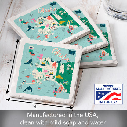 Thirstystone Home State 4 Pack Tumbled Tile Stone Coasters with Protective Cork Backing 4" Square Manufactured in The USA Artistic Absorbent Easily Wipes Clean (Alaska)