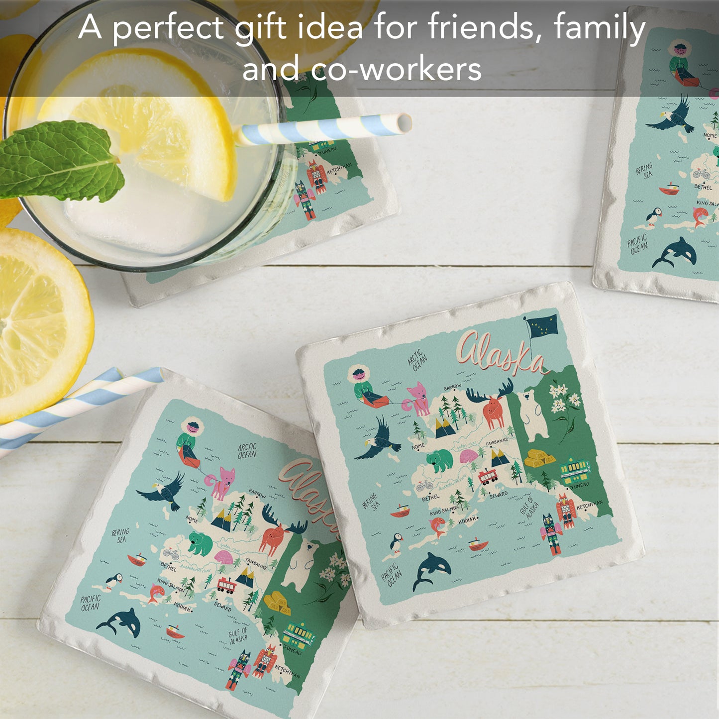 Thirstystone Home State 4 Pack Tumbled Tile Stone Coasters with Protective Cork Backing 4" Square Manufactured in The USA Artistic Absorbent Easily Wipes Clean (Alaska)