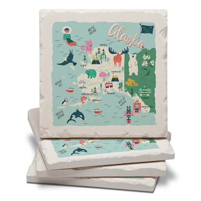 Thirstystone Alaska Home State 4 Pack Tumbled Tile Stone Coasters with Protective Cork Backing 4" Square Manufactured in The USA Artistic Absorbent Easily Wipes Clean