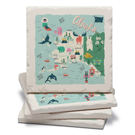 Thirstystone Alaska Home State 4 Pack Tumbled Tile Stone Coasters with Protective Cork Backing 4" Square Manufactured in The USA Artistic Absorbent Easily Wipes Clean