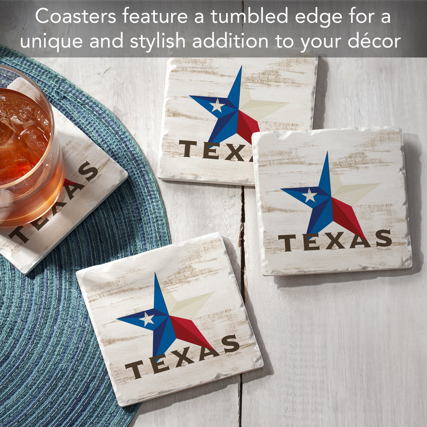 Thirstystone Texas Star 4 Pack Tumbled Tile Stone Coasters 4" Square Manufactured in The USA