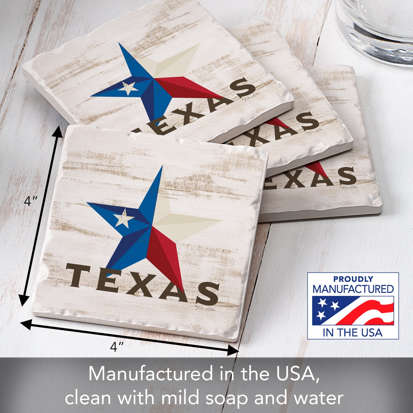Thirstystone Texas Star 4 Pack Tumbled Tile Stone Coasters 4" Square Manufactured in The USA