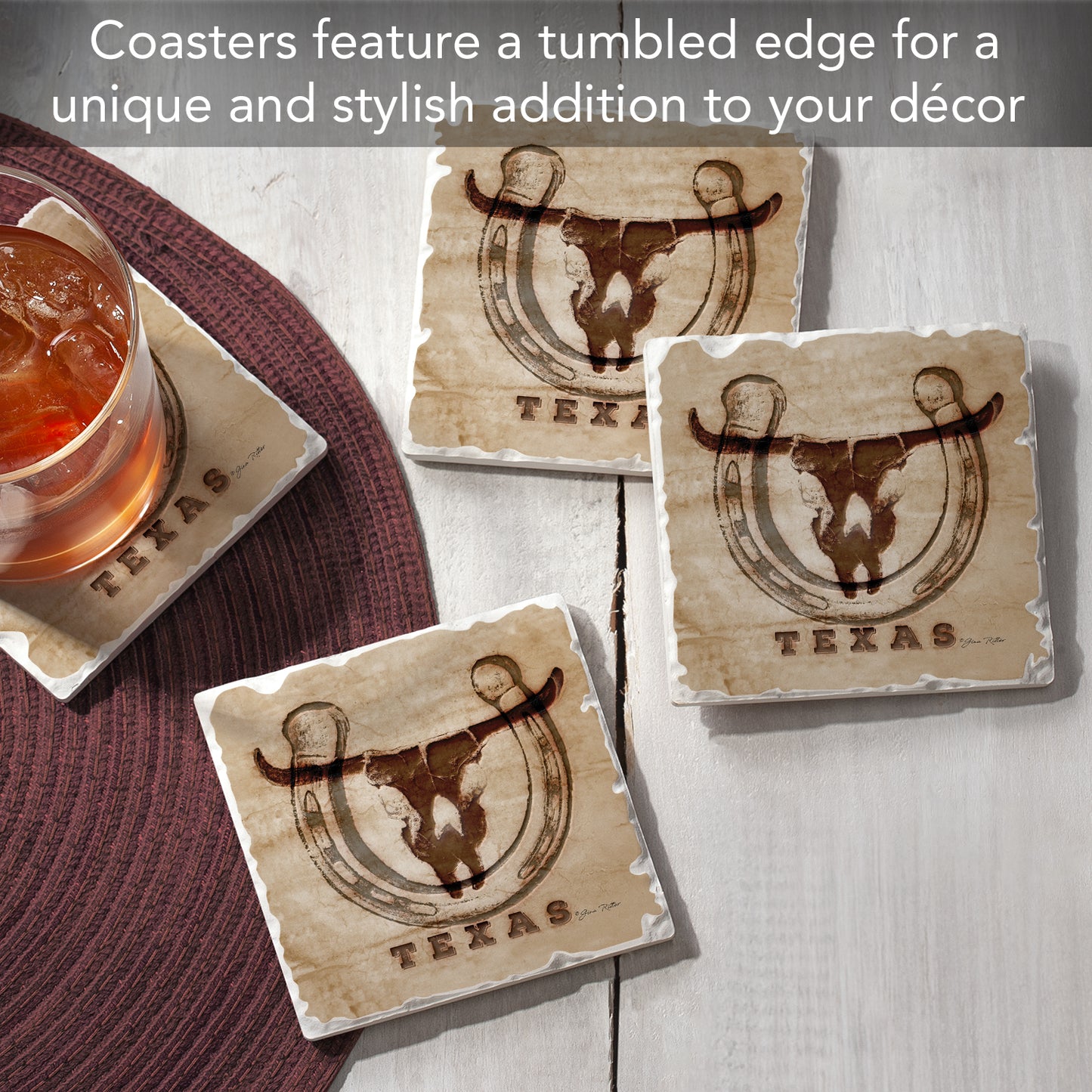 Thirstystone Western Skull 4 Pack Tumbled Tile Stone Coasters 4" Square Manufactured in the USA