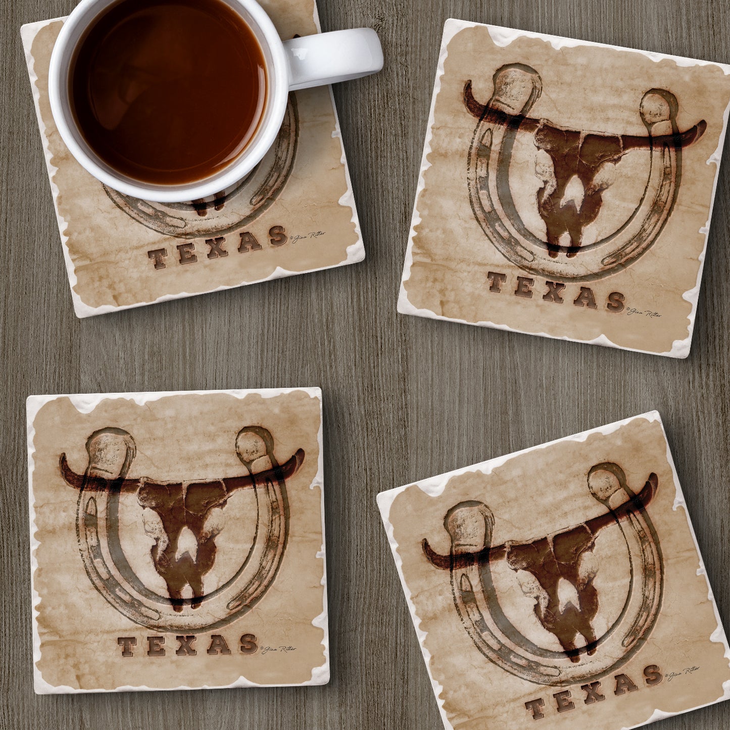 Thirstystone Western Skull 4 Pack Tumbled Tile Stone Coasters 4" Square Manufactured in the USA