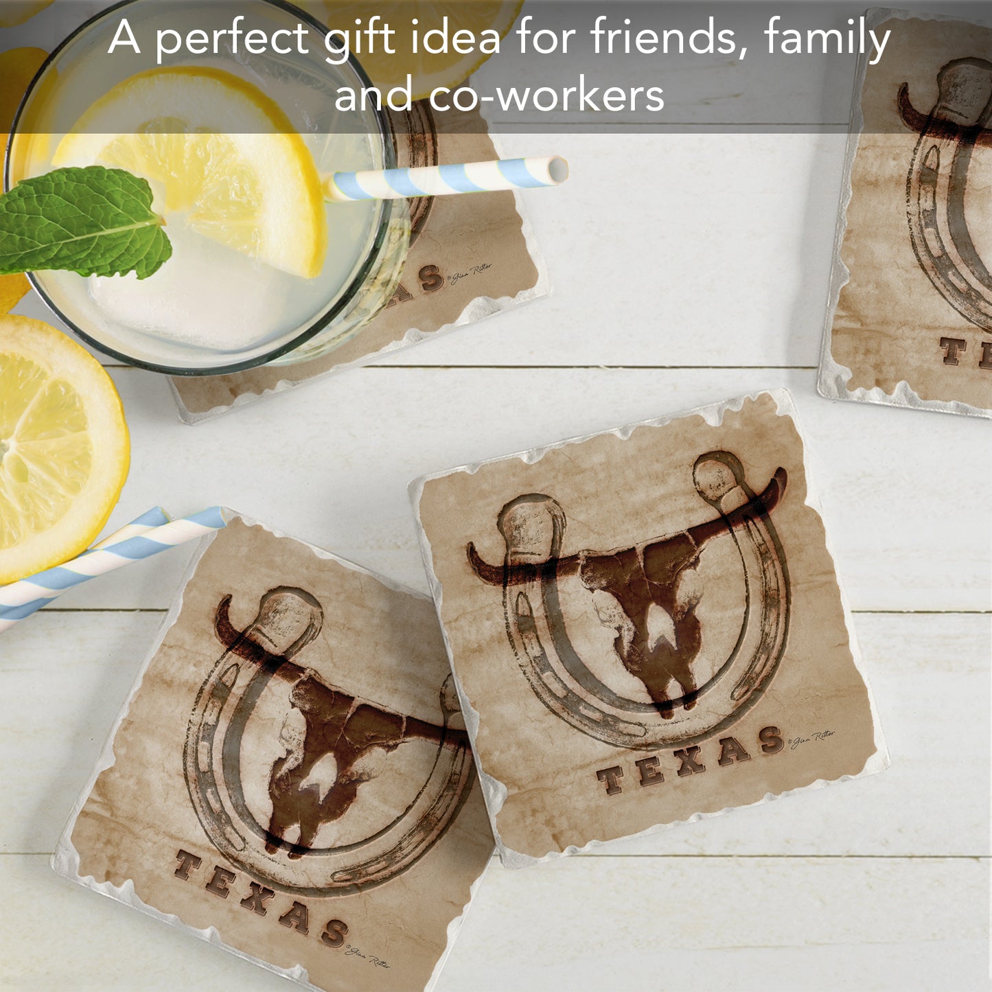 Thirstystone Western Skull 4 Pack Tumbled Tile Stone Coasters 4" Square Manufactured in the USA