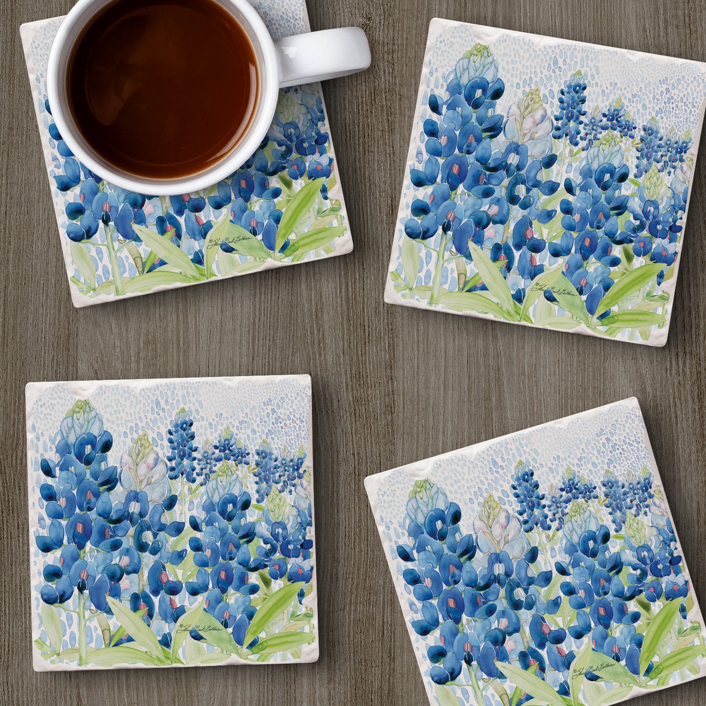 Thirstystone Bluebonnets 4 Pack Tumbled Tile Stone Coasters 4" Square Manufactured in the USA