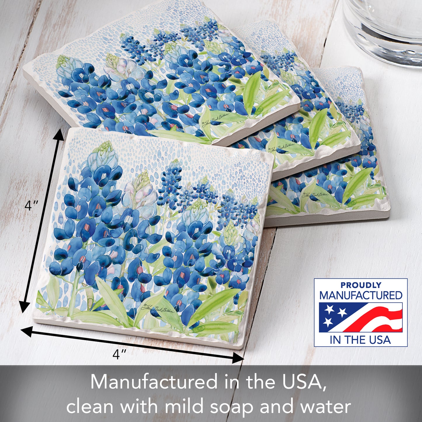 Thirstystone Bluebonnets 4 Pack Tumbled Tile Stone Coasters 4" Square Manufactured in the USA