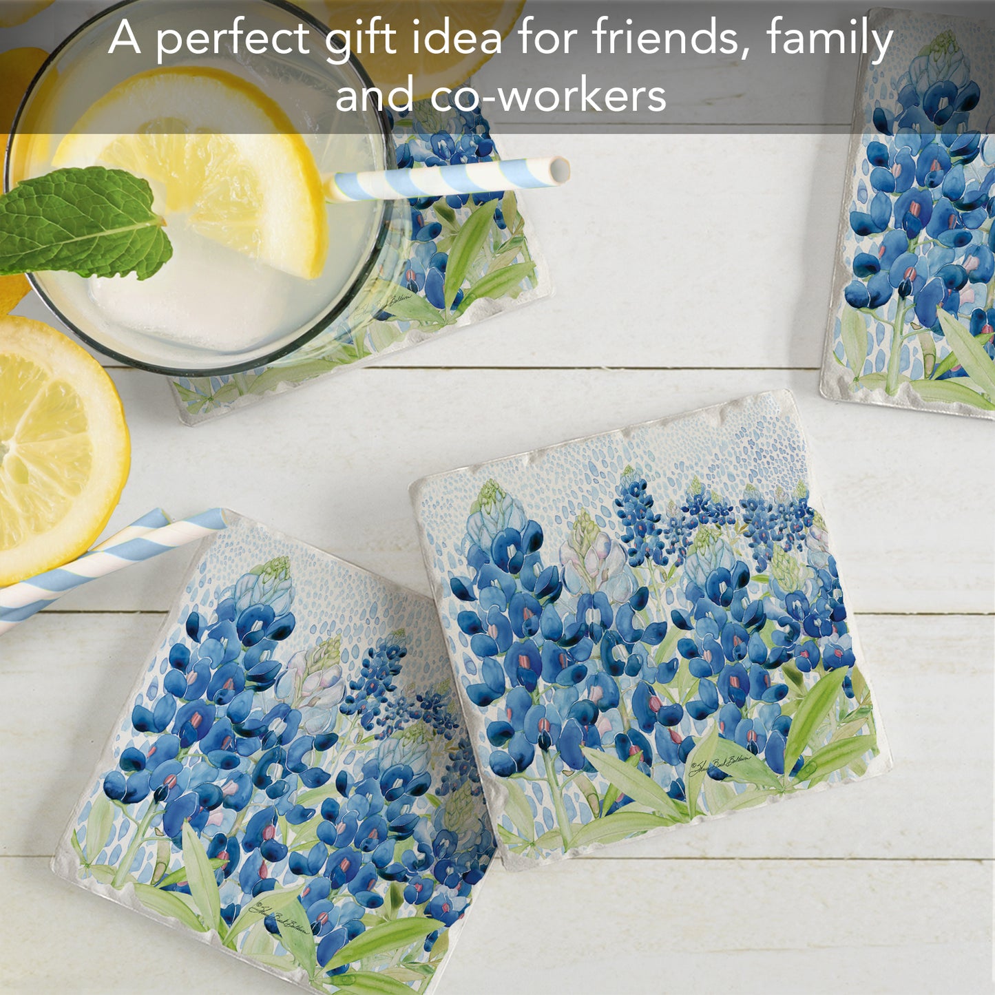 Thirstystone Bluebonnets 4 Pack Tumbled Tile Stone Coasters 4" Square Manufactured in the USA