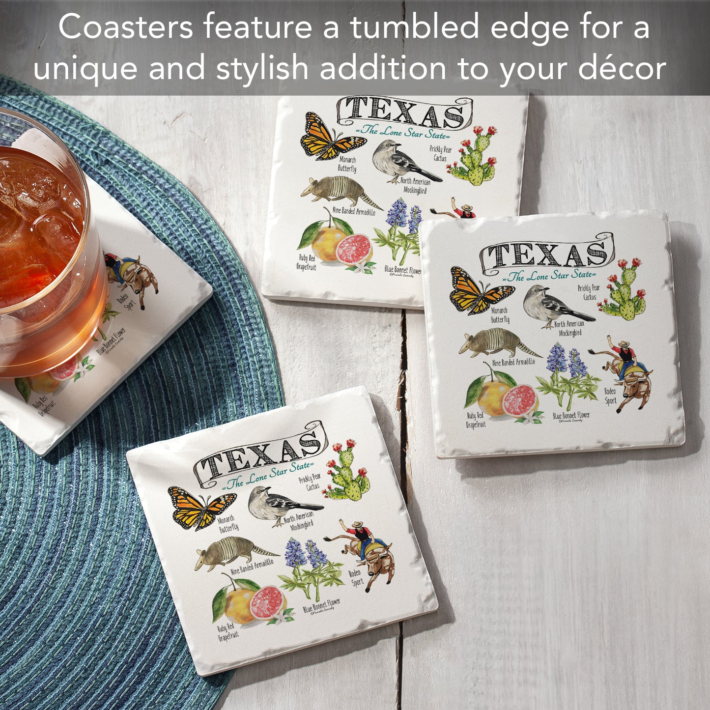 Thirstystone Texas State Icons 4 Pack Tumbled Tile Stone Coasters 4" Square Manufactured in the USA