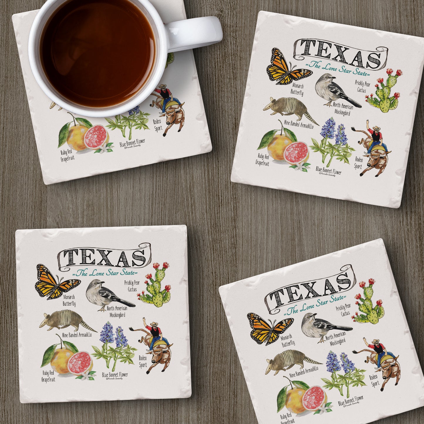 Thirstystone Texas State Icons 4 Pack Tumbled Tile Stone Coasters 4" Square Manufactured in the USA