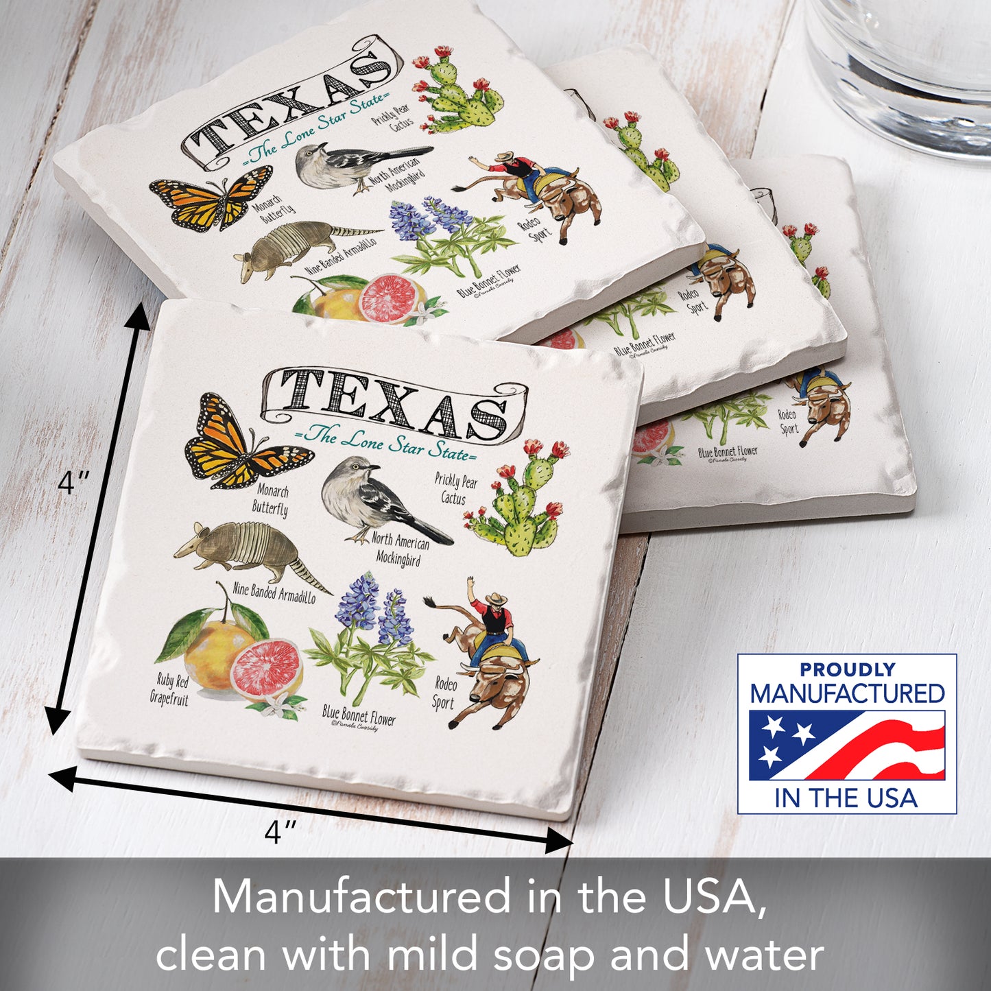 Thirstystone Texas State Icons 4 Pack Tumbled Tile Stone Coasters 4" Square Manufactured in the USA