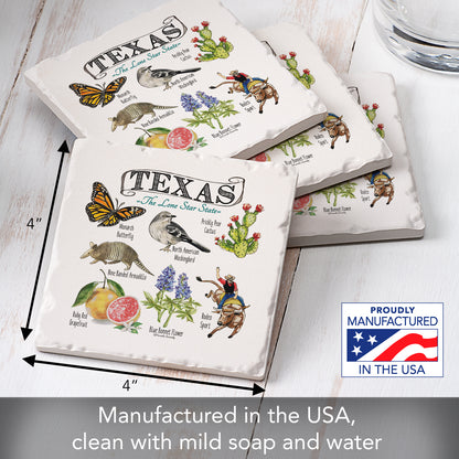 Thirstystone Texas State Icons 4 Pack Tumbled Tile Stone Coasters 4" Square Manufactured in the USA